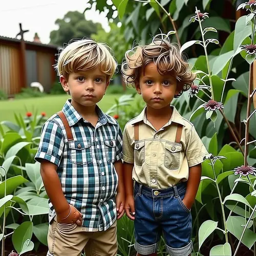 Two Boys Standing in Garden - A Joyful Moment