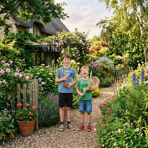Two Boys Standing in Garden - A Joyful Moment