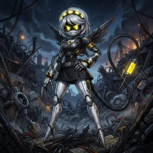 Female Drone Dismantler with Yellow Neon Eyes and Short Silver Hair