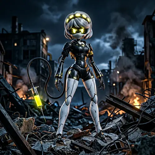 Female Demolition Drone with Yellow Neon Eyes and Silver Hair