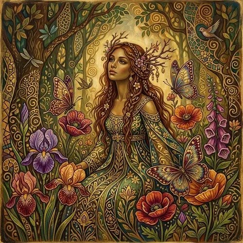 Mystical Forest Nymph Among Vibrant Flowers and Butterflies