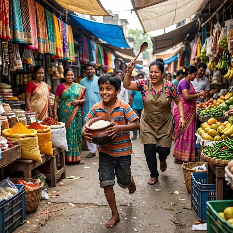 Energetic Market Kid Escaping with Pot of Rice in Vibrant Marketplace