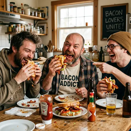 Funny Men Enjoying a Bacon Sandwich