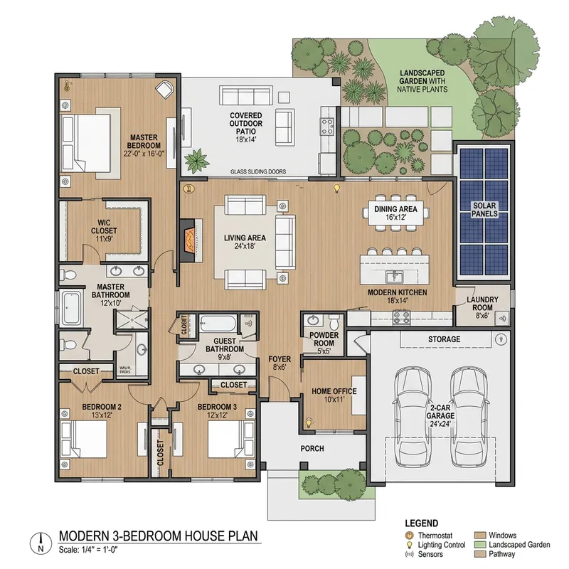Modern 3-Bedroom House Plan with Smart Features