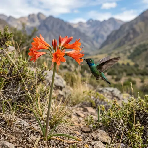 Realistic Añañuca Flower and Hummingbird Pollination