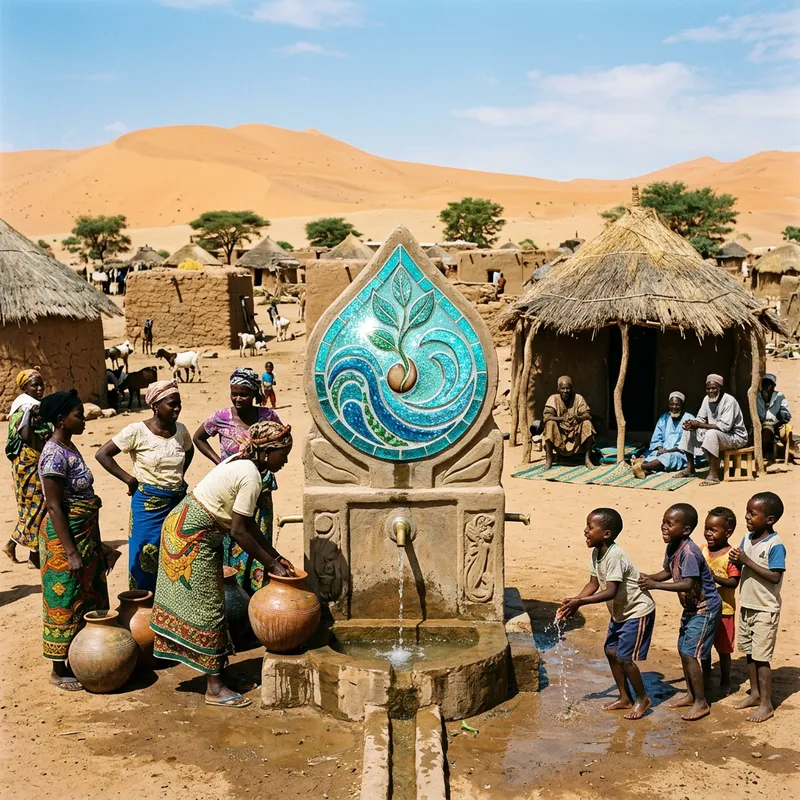 Realistic Water Symbol: Life Source in African Desert Village Realistic Water Symbol: Life Source in African Desert Village