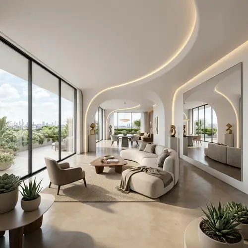 Aesthetic Modern Interior Design: 3D Render with Sleek White Walls & Decorative Lighting