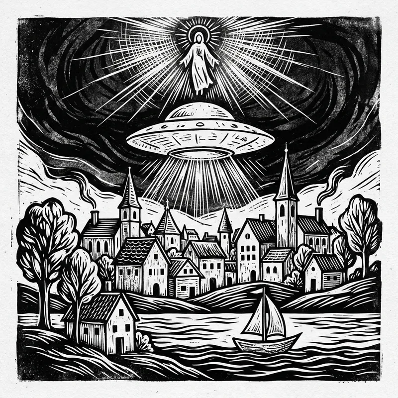 Captivating UFO Scene Over Picturesque Town - Ethereal Neoprimitivism