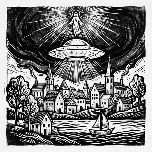 Captivating UFO Scene Over Picturesque Town - Ethereal Neoprimitivism