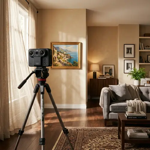 Elegant Living Room with 3D Camera on Tripod