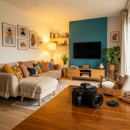 Modern Black Camera in Stylish Living Room