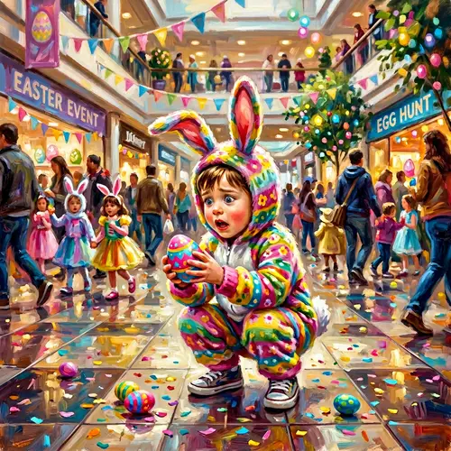 Young Boy in Vibrant Rabbit Costume Searching for Easter Egg in Shopping Mall
