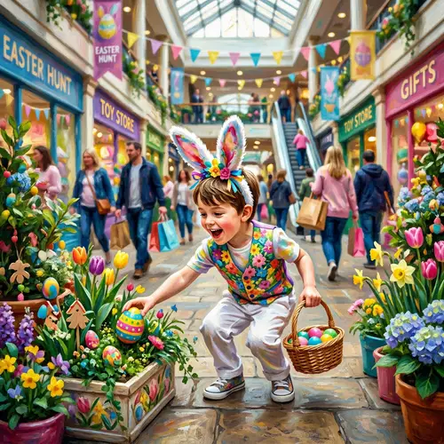 Energetic Young Boy in Bunny Costume Finds Easter Egg in Shopping Complex