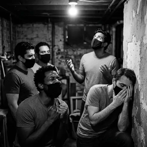 Diverse Men in Masks: Portraying Desperation and Emotions in Dramatic Lighting