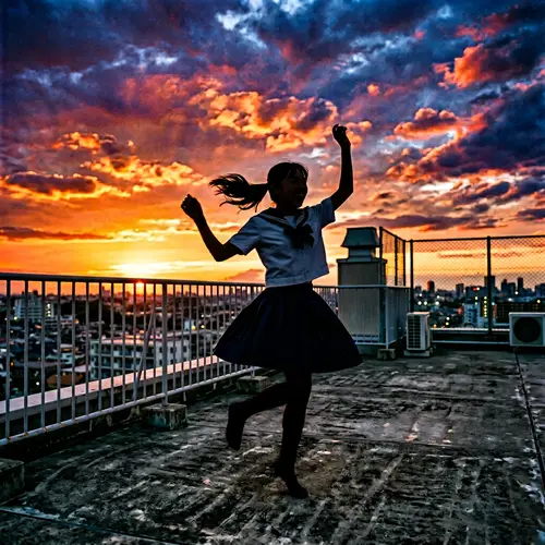 Young Japanese Girl Dancing on School Roof