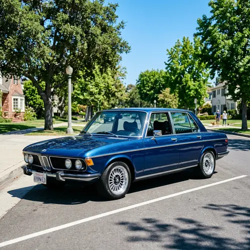 Classic Deep Blue Sedan Car on a Sunny Street