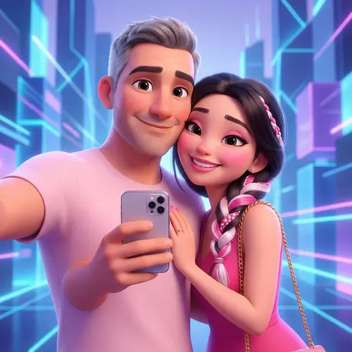 Whimsical Disney Pixar Style Couple Selfie