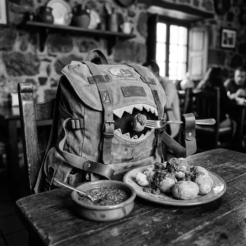 Backpack Eating Boiled Potatoes with Spicy Canarian Sauce - B&W