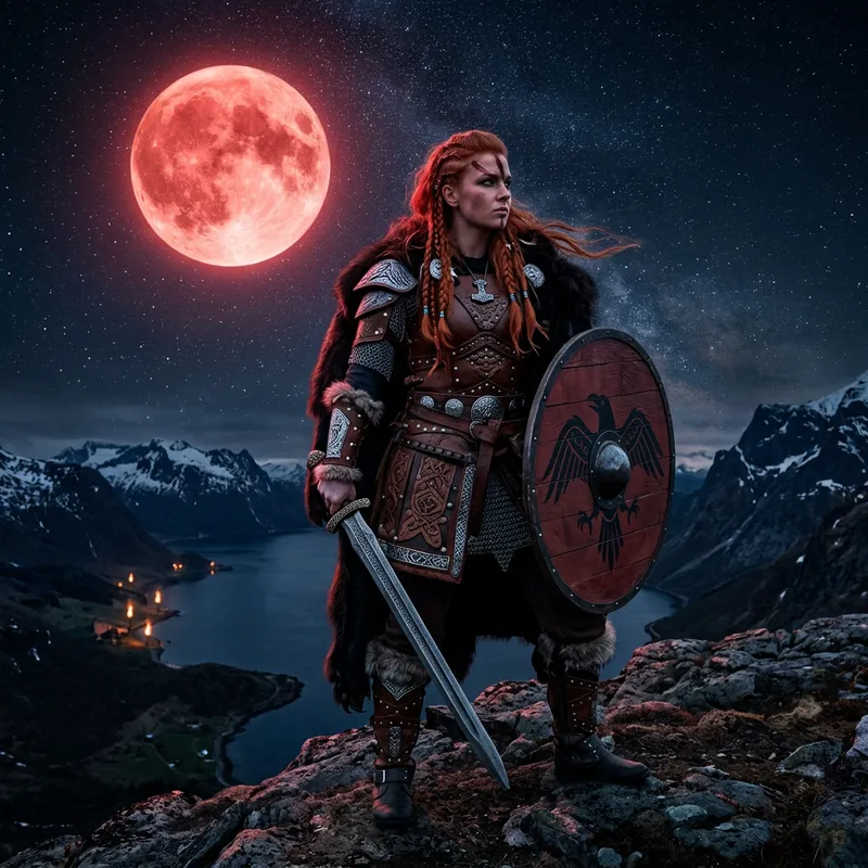 Red-Haired Viking Warrior Girl in Moonlit Night