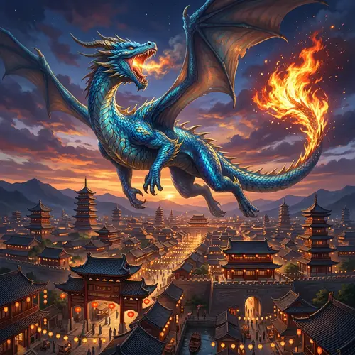 Majestic Blue Dragon Roaring Over Intricate Chinese City