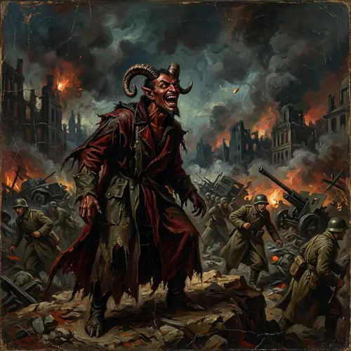 Menacing Devil Laughing in World War 2 Painting