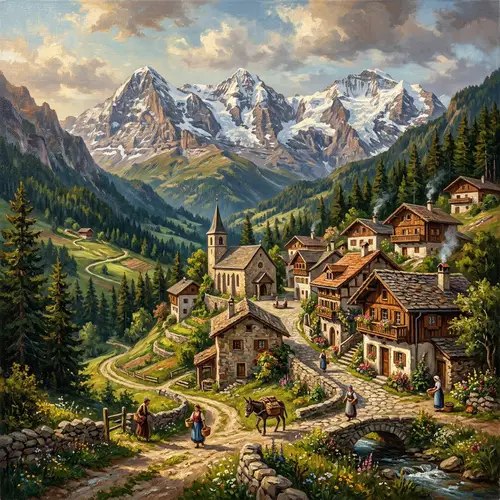 Mountain Village Oil Painting - High Quality Art