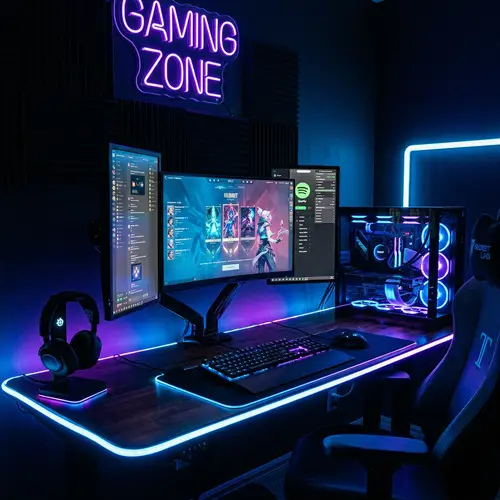 Sleek Gaming Setup with Neon Lights | High-End PC and Peripherals