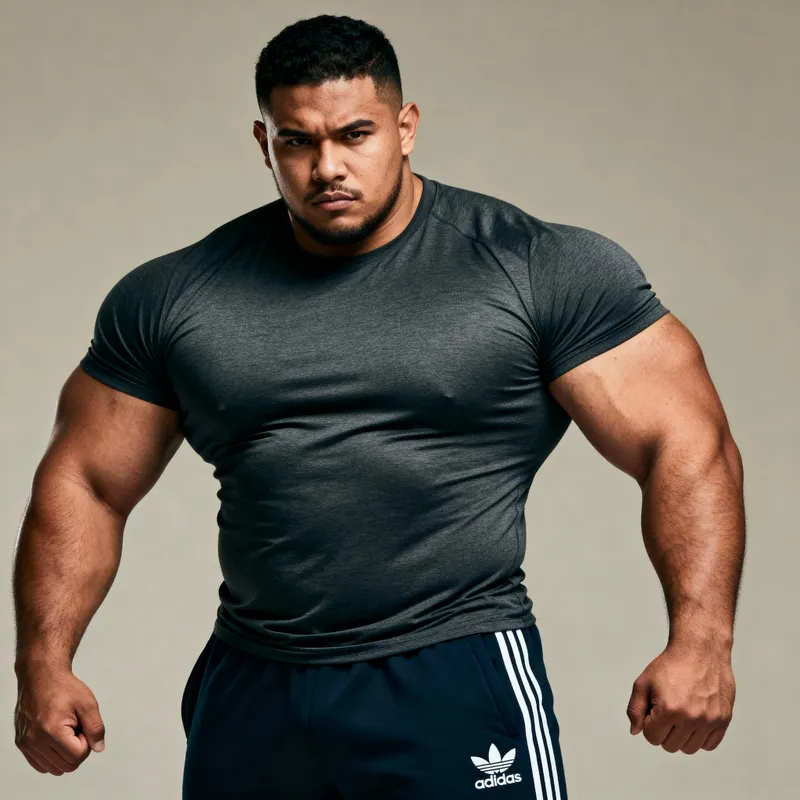 Determined Muscular Man in Fitted Shirt & Trackpants