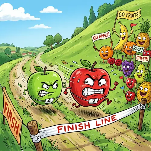 Playful Apple Race: Humorous Fruit Competition Illustration
