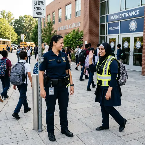 Professional Safety Officer Welcoming Students at School