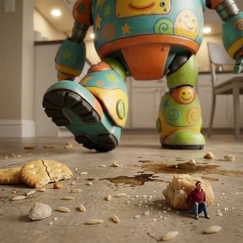 Gigantic Kyootbot vs. Insect-Sized Human: Surrealist Kitchen Scene