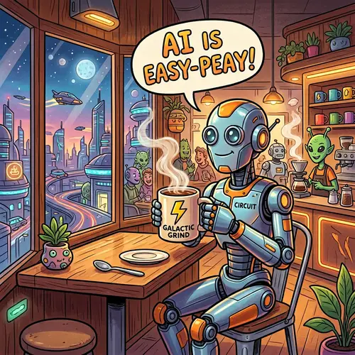 Sci-Fi Cartoon: Robot Holding Steaming Coffee Mug with Lightning Bolt Symbol