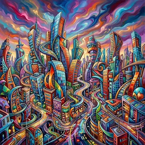 Abstract Cityscape Art: Distorted, Colorful Urban Landscape