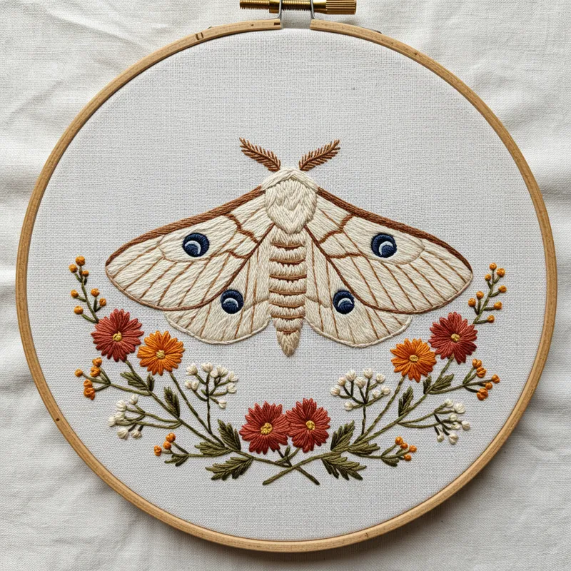 Hand-Embroidered Moth Art in Wooden Hoop