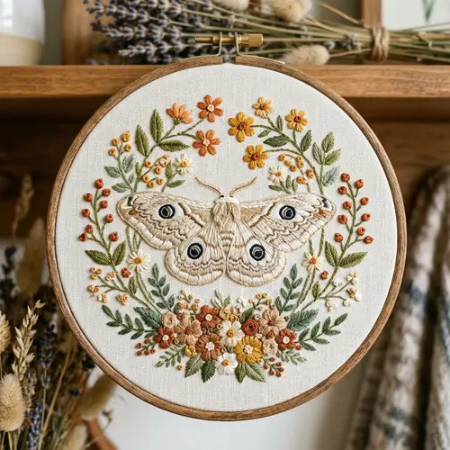 Hand-Embroidered Moth Art in Wooden Hoop