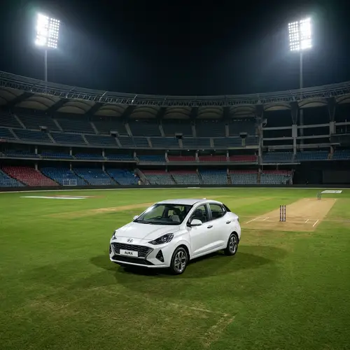 White Hyundai Aura Car in Cricket Stadium | Stunning Scene