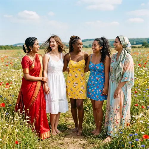 Diverse Group of Women Enjoying Sunny Day in Flower Field