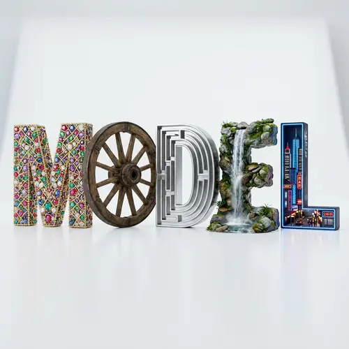 Intricately Designed 3D Model Word with Gemstones, Antique Wheel, Silver Maze, Waterfall, Neon Cityscape