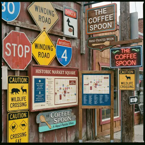 Diverse Signages: Road Signs, Store Signs, Informative Signboards