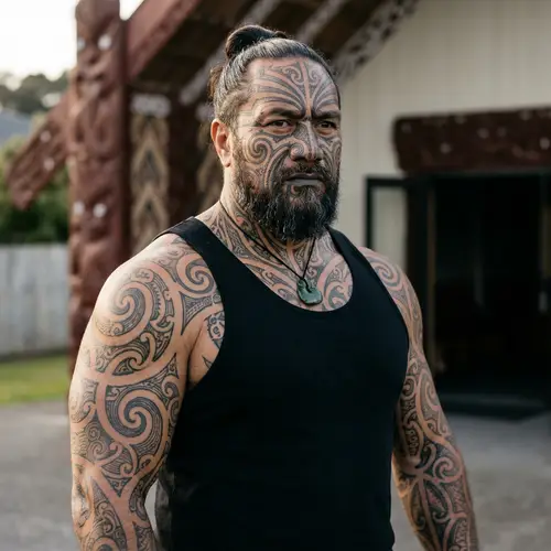 Muscled Maori with Taamoko - A Cultural Tribute
