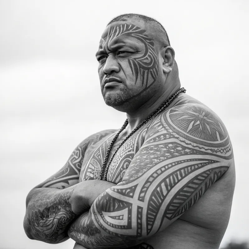 Muscled Maori with Taamoko - A Cultural Tribute