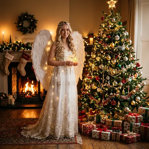 Christmas Angel Beside a Festive Tree