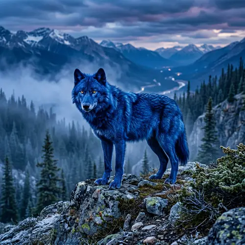 Vivid Blue Colored Wolf in Wilderness Landscape