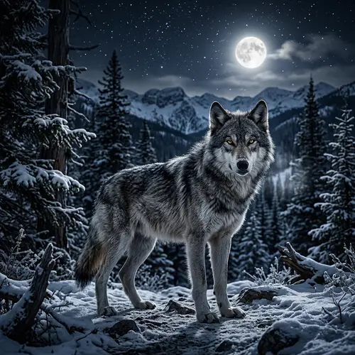 Vivid Depiction of Wolf in Untouched Moonlit Wilderness