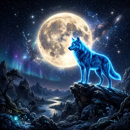 Blue Wolf Standing Against Glowing Moon | Night Sky Scene