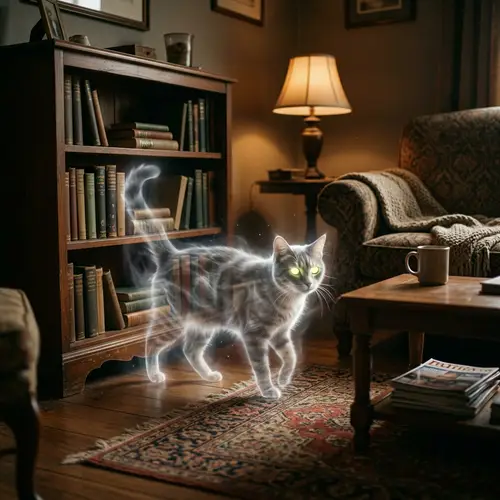 Ethereal Ghostly Cat in Cozy Room - Hauntingly Beautiful