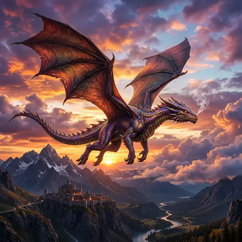 Majestic Dragon Soaring in Vibrant Fantasy Sky