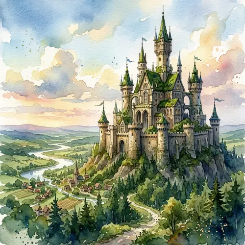Fantasy Castle in Watercolor: A Majestic View