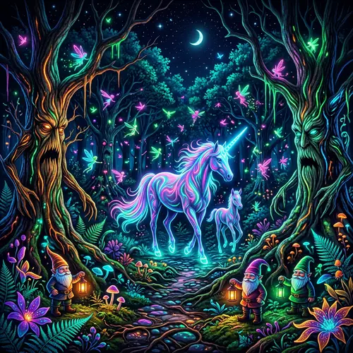 Mythical Forest Fantasy Creatures in Neon Colors