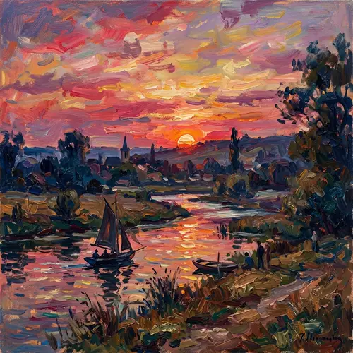 Impressionist Sunset Painting | Vibrant Sky & Landscape Scene
